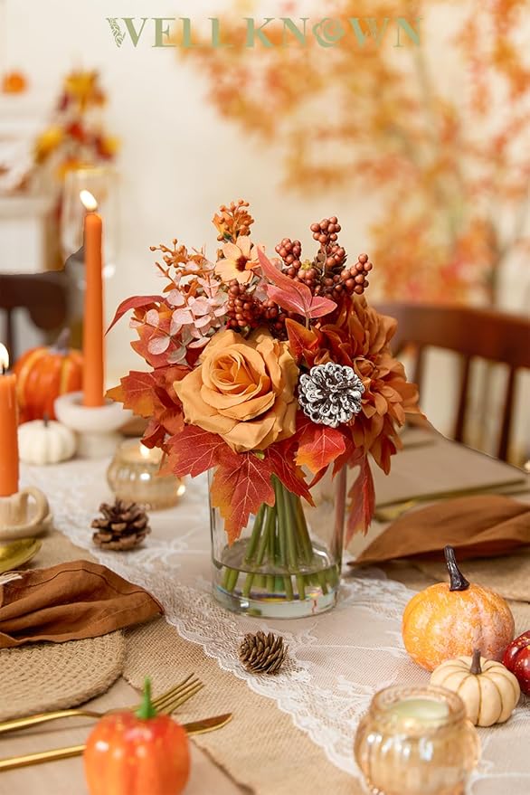 WELL KNOWN Artificial Flowers in Glass Vase, Burnt Orange Silk Rose Dahlia Flower Pine Berry Bouquet with Fake Water for Winter Home Dinning Coffee Table Wedding Chritmas Party Kitchen Decor & Gift