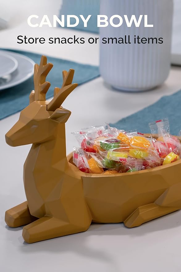 Low-Poly Deer Bowl, Resin Reindeer Statue, Deer Candy Dish & Key Holder, Deer Desk Decor for Living Room, Entryway, Dining Table, Office, Shelves