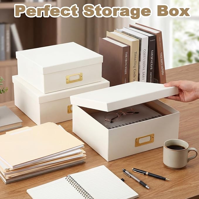 Eaasty Set of 4 Decorative Storage Boxes with Lids, Kraft Paper Boxes with Gold Label Holders, Decorative Photo Memory Keepsakes Storage, Cardboard Organizers for Home Decor, Office Organizing(White)