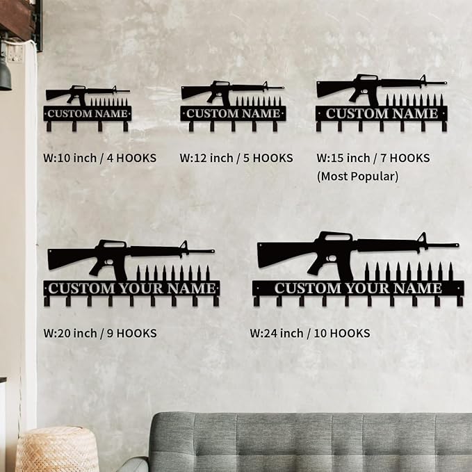 Personalized Custom Name Gun Wall Hooks,Metal Gun Room Art Clothes Hooks,Metal Gun Wall Home Storage Decorative,For Front Door, Hallway, Kitchen, Bedroom,Keys,Hats (Style H)