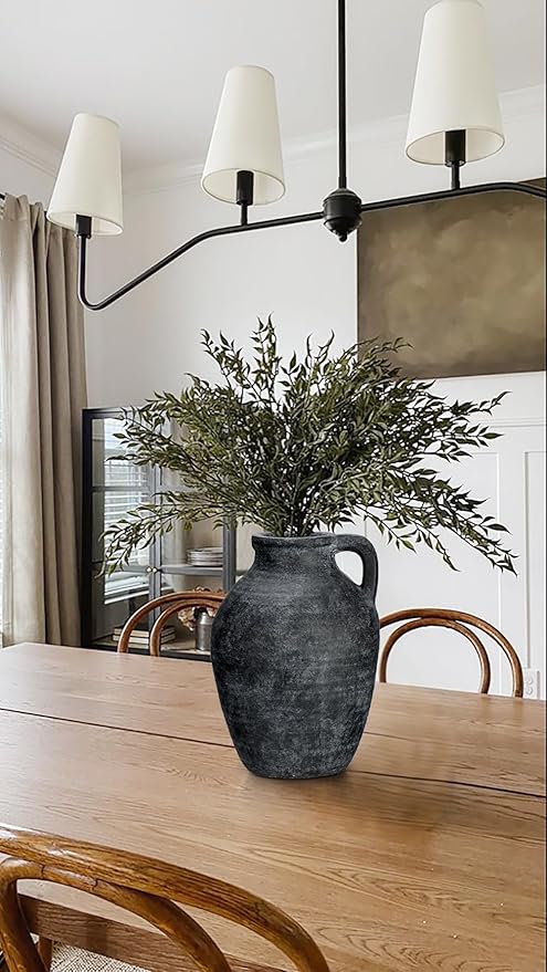 Ceramic Rustic Farmhouse Vase, 9 inch Ceramic Black Flower Vase for Centerpieces Pampas Grass Pottery Jug with Handle Boho Modern Rustic Farmhouse Decor for Living Room Kitchen Dinner Table Shelves