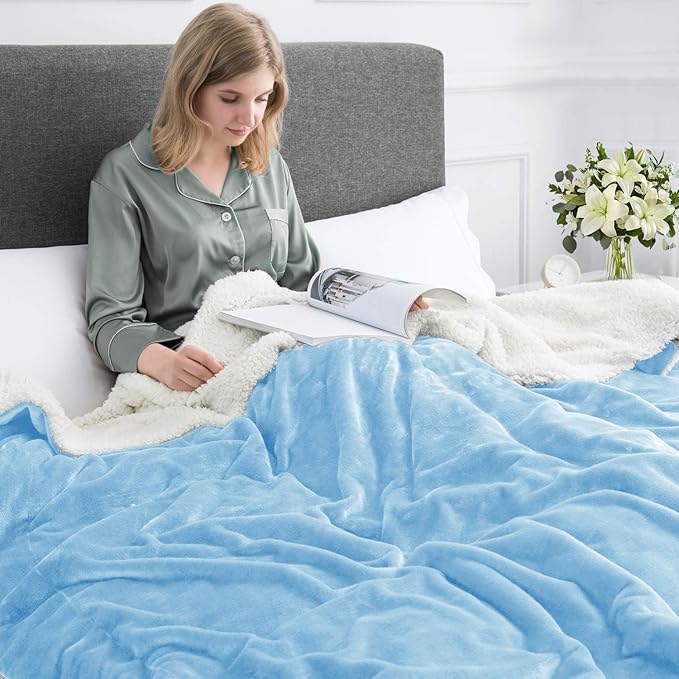MOONLIGHT20015 Sherpa Blankets Queen Size - (Light Blue, 90X90 Inches) Fuzzy, Soft and Wool/Fleece Blanket for Bed, Fluffy Blankets for Winter, Camping and Travel