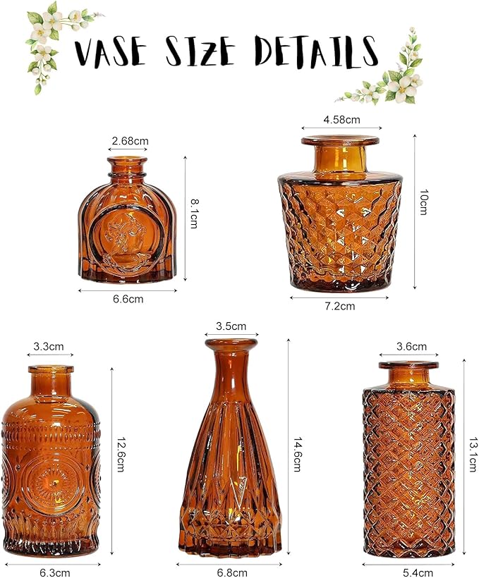 5 Pack Glass Bud Vases - Mini Glass Vases for Room Decor, Centerpieces, Shelf and Wedding Decor - NO Flowers