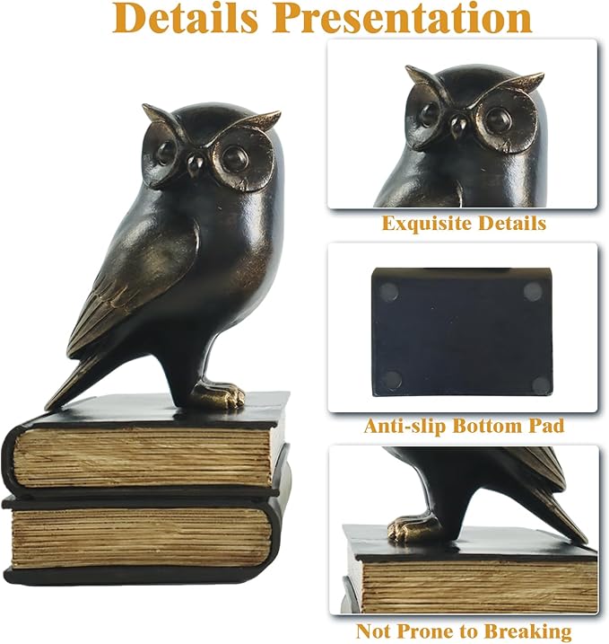 Dosker Book Ends for Shelves,Retro Owl Decorative Bookends,Cute Animal Book Holders for Kids Rooms,Offices and Bedrooms(Black)