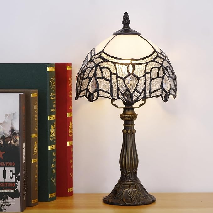 Small Tiffany Lamp Stained Glass Desk Lamp Vintage Tiffany Bedside Table Lamp for Home Living Room Bedroom Nightstand 8X15 Inch (White Bending Style)