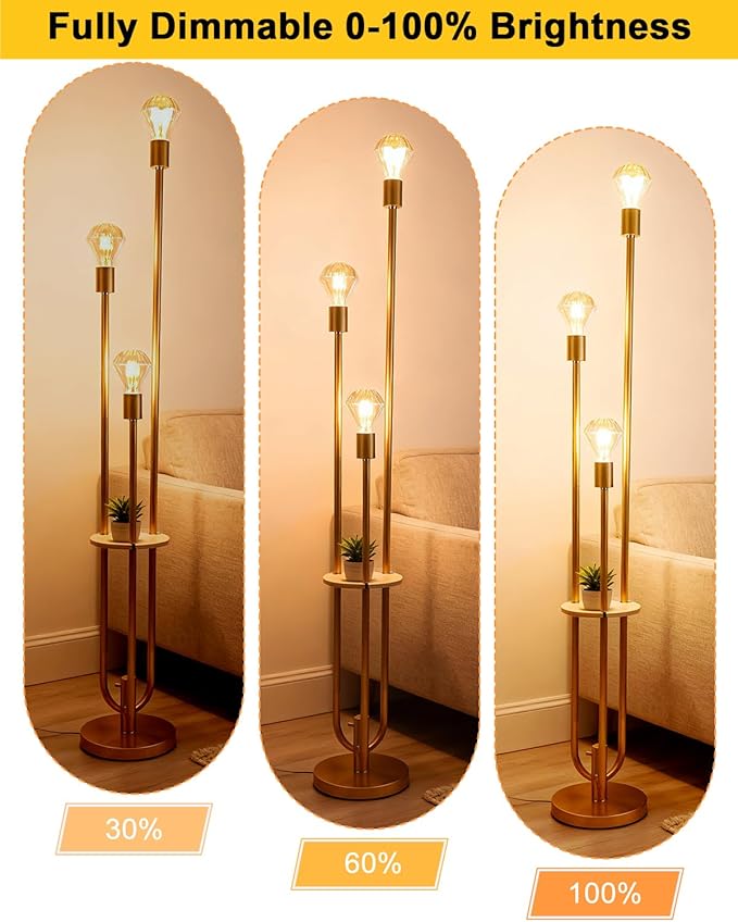 Lightdot Gold Floor Lamp for Living Room, Dimmable Vintage Floor Lamp with Shelf & E26 Base Bulbs, 3 Light 3000K Warmwhite Mid Century Standing Lamp for Reading, Tall Lamp for Bedroom Office
