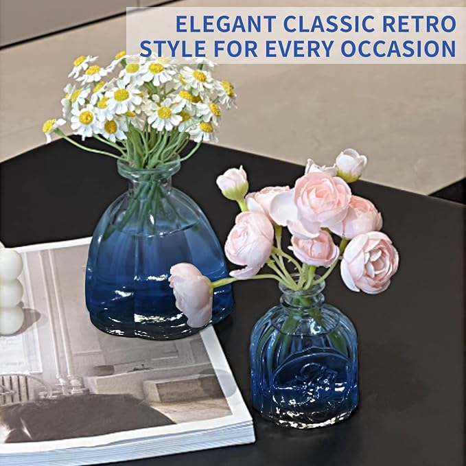 KUAGUINZUHE 12 Pcs Glass Bud Vase Set, Small Blue Vintage Flower Vases for Wedding Centerpieces in Bulk, Mini Embossed Vases for Home Table Decor, Party, Baby Shower Decorations
