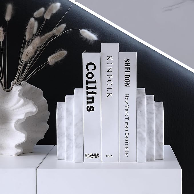 BUICCE Modern Book Ends for Shelves Nature Marble Decorative Bookends Heavy Duty Bookshelf Holder for Office Desk Decoration (White)