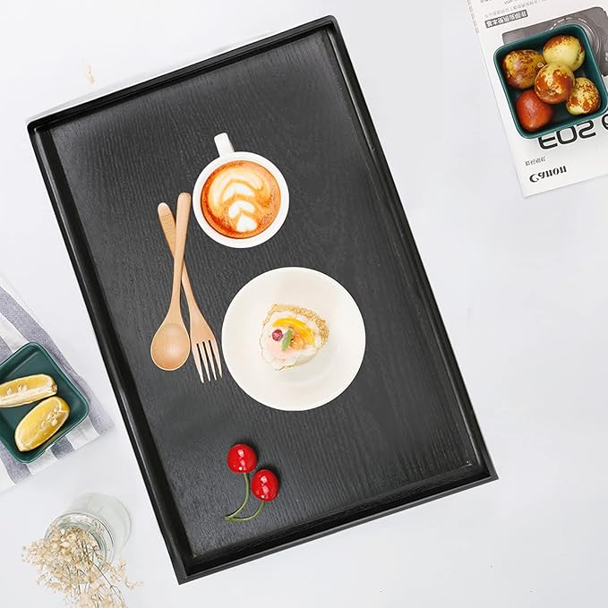 17.7 x 13 Inches Extra Large Solid Wood Serving Tray for Tea Coffee Table Snack Food Meals Serving Plate Kitchen Party Bar Breakfast Server with Raised Edges Black Wooden Decorative Ottoman Tray