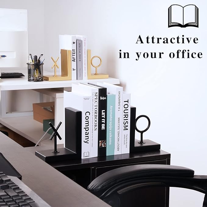 Book Ends Black Bookends Heavy Duty Decorative Bookends to Holders Books Unique Modern Book end Metal Book Stoppers for Shelves/Office Decor/Home,Book Holders Nonskid (Black)