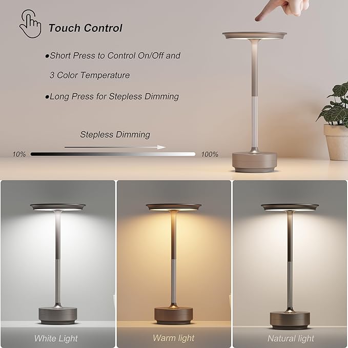 1 Pack Rechargeable Table Lamps Cordless, Portable 5000mAh Outdoor Table Light, 3 Color Stepless Dimming LED Table Lamp with Memory Function, for Home/Dinner/Patio/Restaurant.(Champagne Gold)