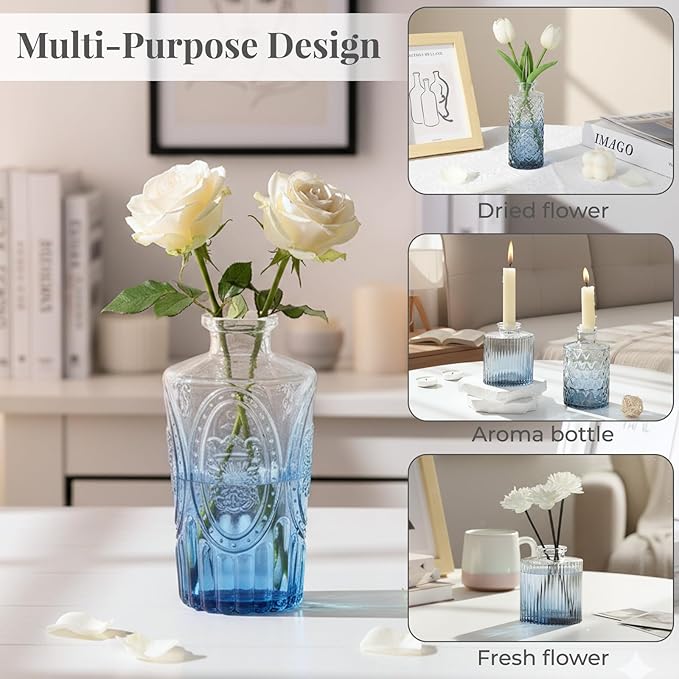 24 Pack Bud Vase in Bulk - BEAHOT Blue Flower Vases for Wedding Decorations, Glass Vase for Table Decorations, Small Vase for Home, Mother's Day, Centerpieces, Party, Office (Blue Gradient)