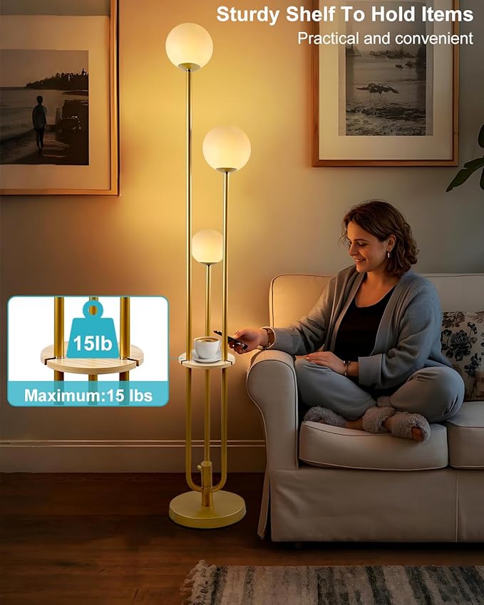 ACOHOOK 63IN Dimmable Floor Lamp with Shelf, Unique Globe Gold Tall Standing Lamps Candle Holder Style, 3000K Warmwhite Mid Century Modern Floor Lamp for Living Room Home Office(Bulbs Included)