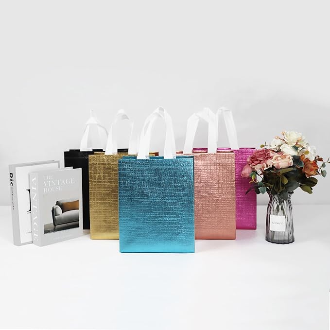 cabzymx 10 Pcs Glossy Small Gift Bags Set with Cardboard Bases, Multicolor Reusable Party Goodie Bags with Metallic Bling for Birthday, Wedding, Christmas, Parties- Blue, Rose Gold, Pink, Gold, Black