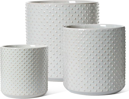 LE TAUCI Ceramic Pots for Plants, 10/8/6 Inch Indoor Planters with Draiange Hole, Silicone Plug & Mesh Pad, Modern Rasied-Dots Pots for Home Office, Set of 3, Glossy, Star Gray
