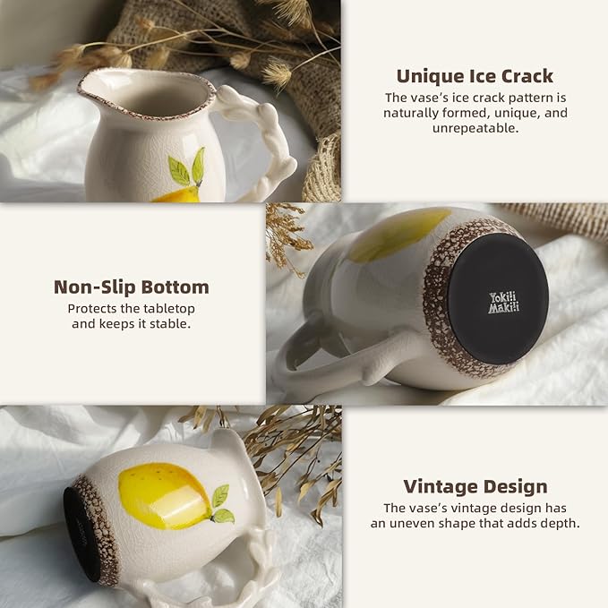 DIF Deco Vintage Lemon Ceramic Vase, Ice Glazed Crack Farmhouse Pitcher Vase for Shelf, Centerpiece Table,Room,Bathroom,Bedroom,Living Room,Office Decorations(6.4 inch)
