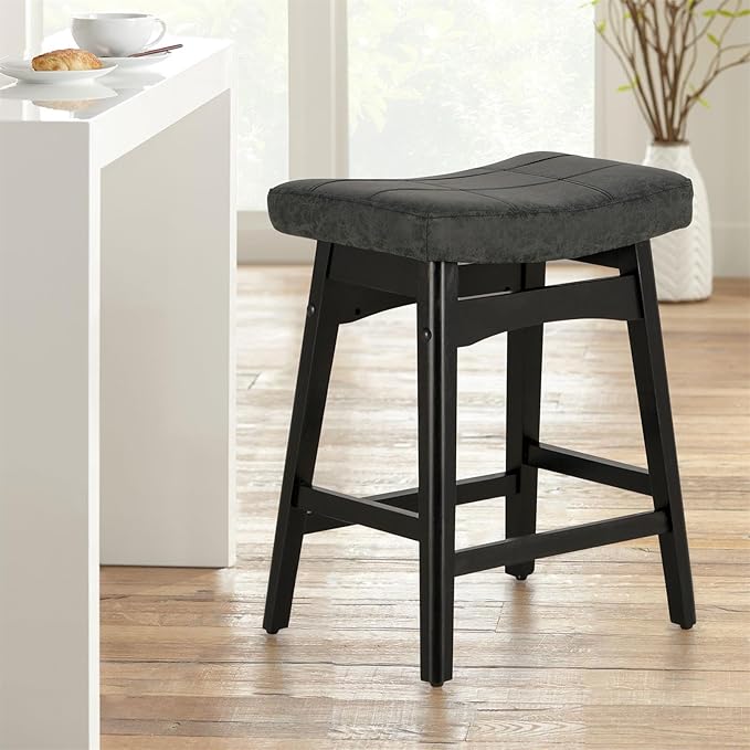 Sophia & William Black Bar Stool for Kitchen Island,24" Counter Height Bar Stools with Wooden Legs, Abrasive Leather Saddle Seat Bar Stool,1PC