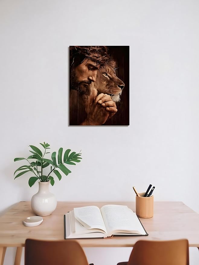 Framed Christian Jesus Canvas Wall Art, Lion of Judah Pictures Wall Decor, Biblical Paintings Prints Religious Home Decor for Living Room Bedroom Church Prayer Room 16x24 inch