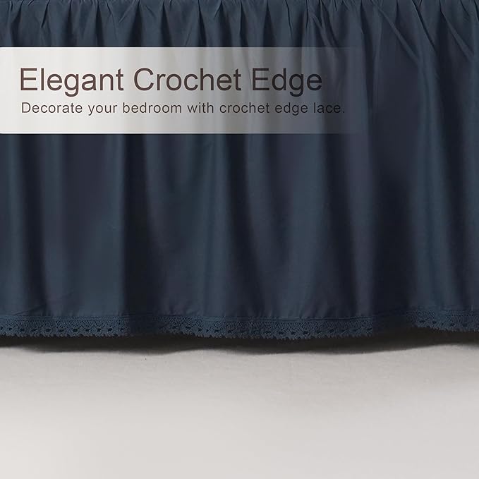 Vlocemon Queen Size 14 inch Drop Navy Blue Dust Ruffle, 100% Lightweight Cotton Ruffled Bed Skirt, French Coutry Style, Lace Ruffled Bed Skirt with Split Corners