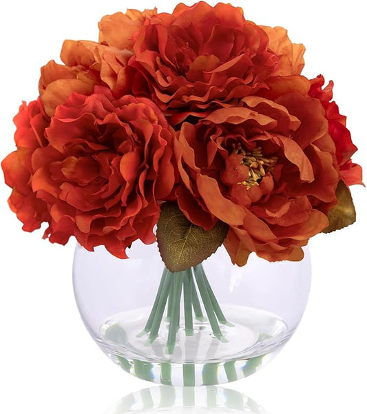 Artificial Flowers in Vase, Silk Peonies Flowers for Vase with Faux Water, Burnt Orange Fake Flower Arrangement for Winter Spring Dinning Wedding Birthday Party Table Centerpieces Decor & Mom's Gift