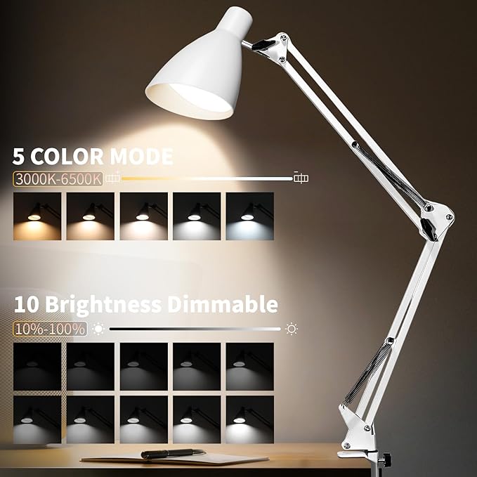 LED Desk Lamp with Clamp, 32" Architect Swing Arm Desk Lamp, Dimmable 5 Color Modes & 10 Brightness Task Light, Flexible Gooseneck Clip-on Table Lamps for Home Office Reading Nail Study Work, White
