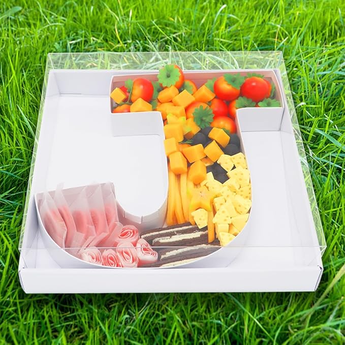 WENPACK 12.5" Cardboard Letter Shaped Mache Decorative Strawberries Fillable Sweets Candy Box with Clear Lid (White, J)