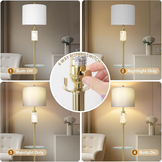 KIVDITZO Modern Floor Lamp for Living Room with Glass Tray and Night Light, Alabaster Bedroom Lamp, Tall Lamp with Linen Shade, Marble Base Standing Lamp for Living Room,Bedroom,Office(Bulb Included)