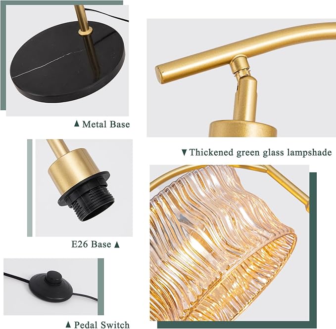 JERANDO Vintage Gold Floor Lamp for Living Room, Amber Glass Lampshade Modern Standing Lamp with Remote, Mid Century Dimmable Tall Lamp for Bedroom, Study Room (Bulb Included)