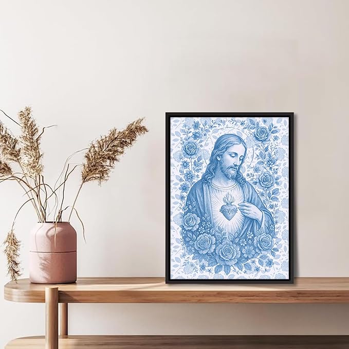 Framed Blue Sacred Heart of Jesus Canvas Wall Art Divine Mercy Wall Decor Jesus Portrait Pictures Catholic Artwork Christian Religious Poster Prints for Living Room Prayer Room Church 16x24in