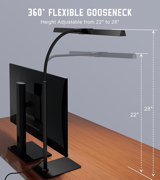 LED Desk Lamp for Home Office with Base, Eye-Caring Architect Task Light with Adjustable Gooseneck 12W USB Adapter Touch Control 5 Dimmable Brightness & Color Tall Lamp for Reading, Craft
