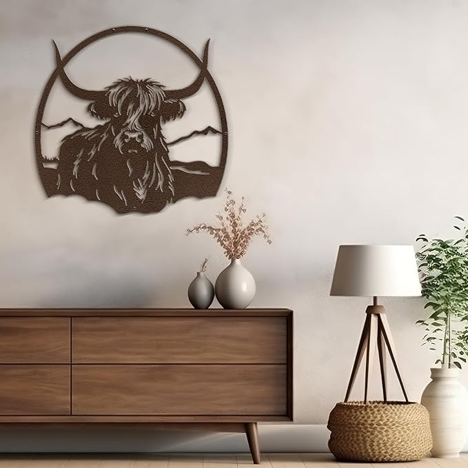 SIGNLEADER Metal Wall Art DecorHighland Cow with Mountain Minimalist Modern Abstract Wall Sculpture Hangings Home Decoration for Living Room, Bedroom, Bathroom, Kitchen, Outdoor - 18" Bronze