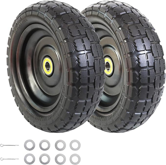 MZREXN 2-Pack 10" Flat Free Solid Tires 4.10/3.50-4 Tire and Wheel, with 5/8" Axle Bore Hole, 2.2"-2.4" Offset Hub, for Hand Truck, Garden Cart,Trolleys, Yard Trailers, Utility Cart, Black