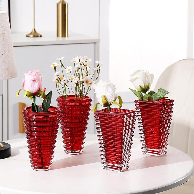 MCMCNCUIU Crystal Flower Vase Set of 4, Glass Vases for Centerpieces, Red Vases for Flowers, Small Vase for Living Room, Bedroom, Kitchen, Office, Wedding