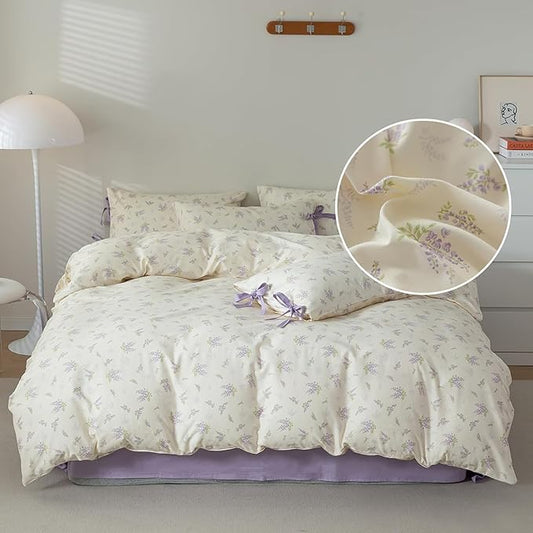 Cotton Duvet Cover King Chic Purple Floral Bedding Set Vintage Botanical Lavender Flower Duvet Cover Garden Style Lilac Floral Comforter Cover with Zipper Closure Girls Cottagecore Bedding Set King