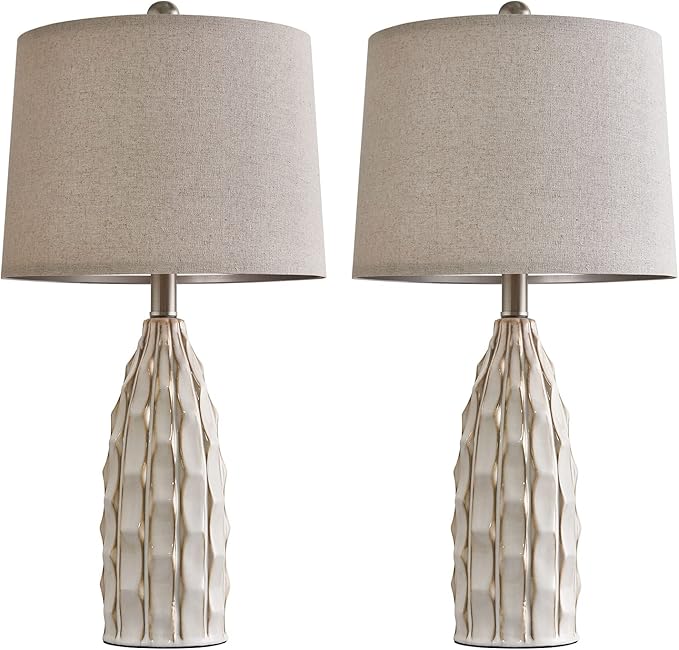 Ceramic Table Lamps Set of 2, 23.75" Modern Farmhouse Bedside Lamp - Cream Nightstand Lamps for Bedroom, Boho Living Room End Tables, Small Office Desk Lamp Decor
