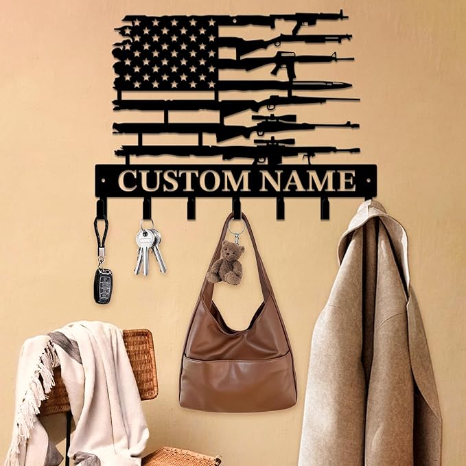 Personalized Custom Name Gun Wall Hooks,Metal Gun Room Art Clothes Hooks,Metal Gun Wall Home Storage Decorative,For Front Door, Hallway, Kitchen, Bedroom,Keys,Hats (Style F)