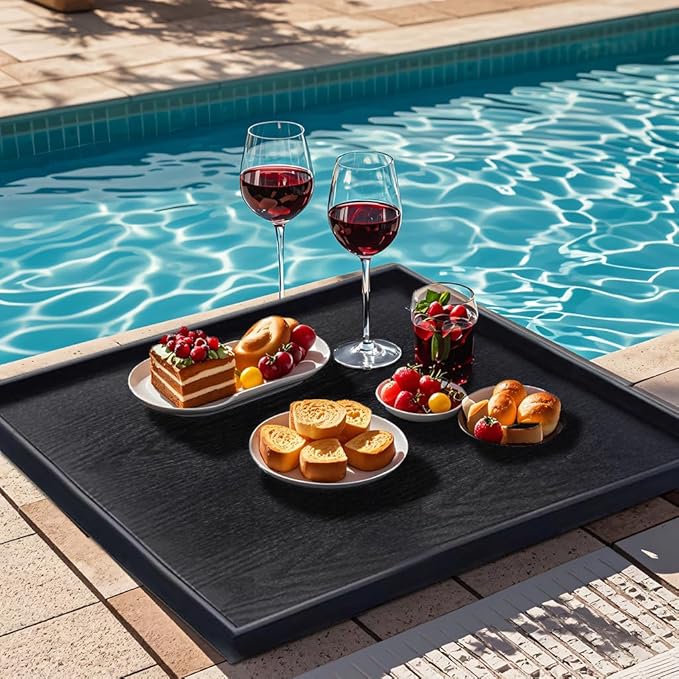 24 x 24 Inches Large Square Black Solid Wood Ottoman Tray, Serve Tea, Coffee or Breakfast in Bed, Classic Wooden Decorative Serving Tray with Raised Edges, Kitchen Party Bar Server Table Tray