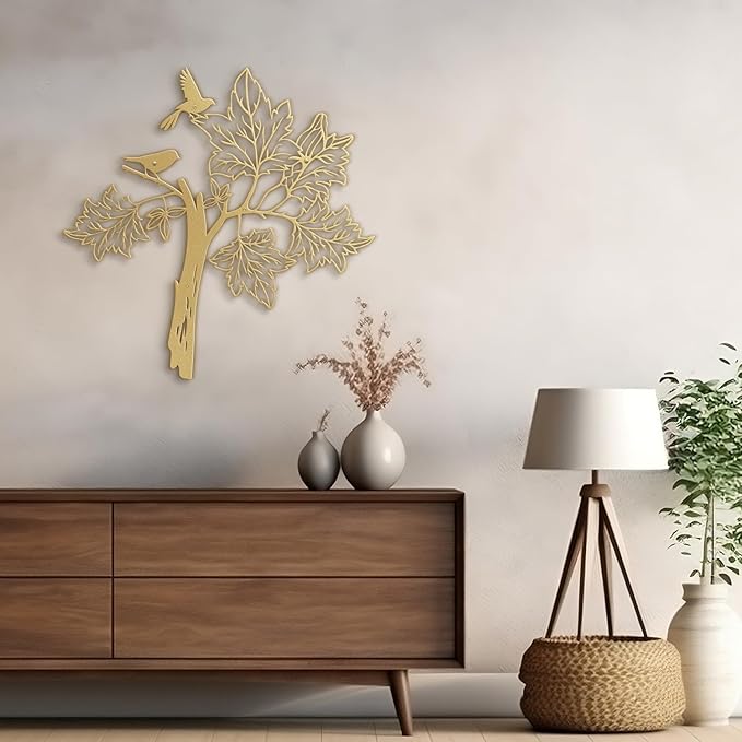 SIGNLEADER Metal Wall Art Decor Bird Standing on Tree Minimalist Modern Abstract Wall Sculpture Hangings Home Decoration for Living Room, Bedroom, Bathroom, Kitchen, Outdoor - 18" Gold