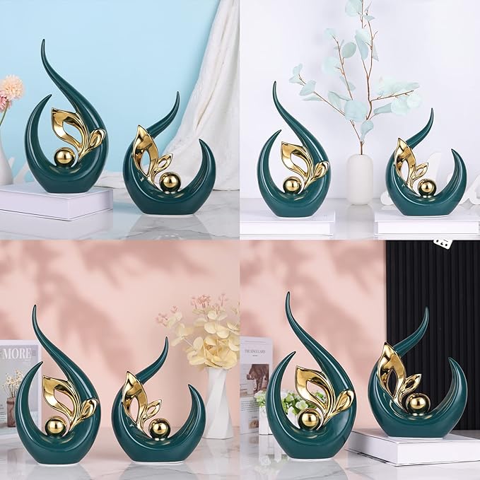 DOVDOV Green Office Decorative Ceramic Statue Set of 2, Dining Room Table Decorations, Green Modern Home Decor for Living Room, Console, Desk Center, Entrance Table Decorations
