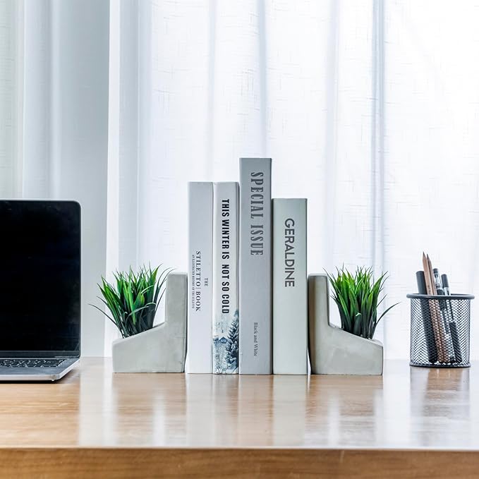 MyGift Decorative Bookends, Heavy Duty Book Ends with Artificial Green Grass Plants, Book Stands for Office Desktop, Bookshelf, Modern Gray Concrete L-Shaped