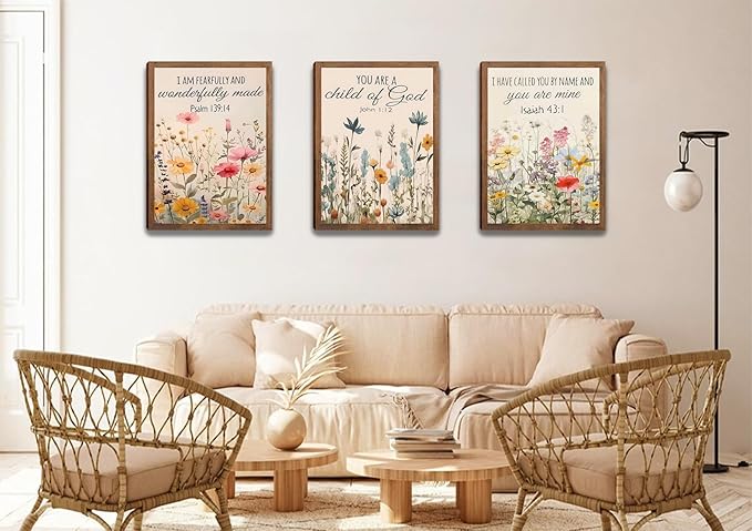 3Pcs Floral Christian Scripture Canvas Posters Prints Wall Art,Home Decor Inspirational Bible Verse Preppy Room Decor Wall Decoration, for Bedroom Living Room Bathroom university dormitories 24x16in Framed
