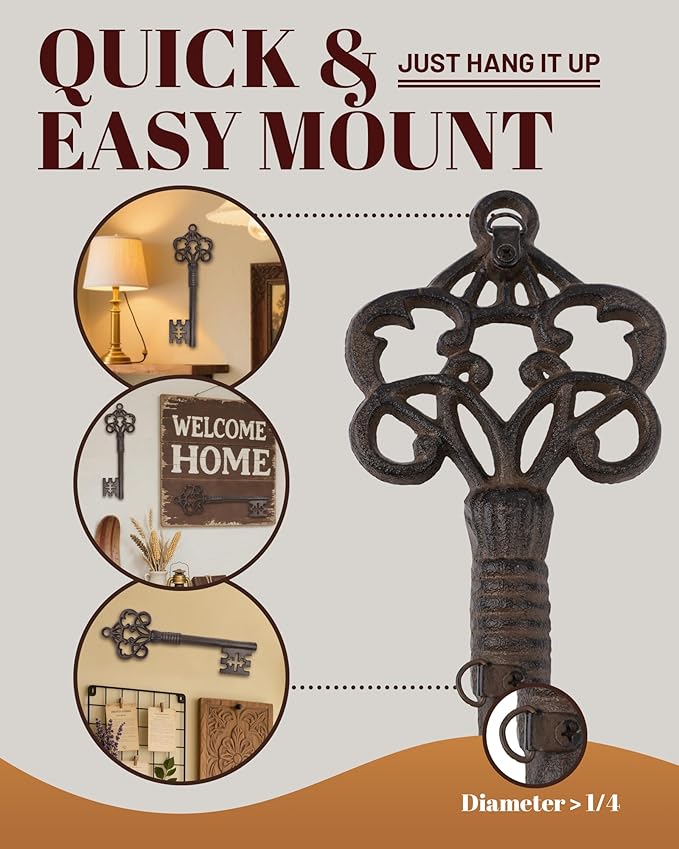 Wall Hooks for Hanging - Cast Iron Vintage Wall Decor Coat Rack - Vintage Rustic Design Hat Hooks for Kitchen, Entryway - Handmade Heavy Duty Key Hook (Key Decoration)