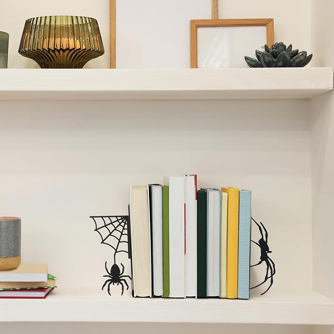 Geelin Creepy Spider Metal Bookends Set of 2 Styles Gothic Black Spider and Web Book Ends for Shelves Scary Home Office Desk Bookshelf Decor Gift for Book Lovers Reading Enthusiasts