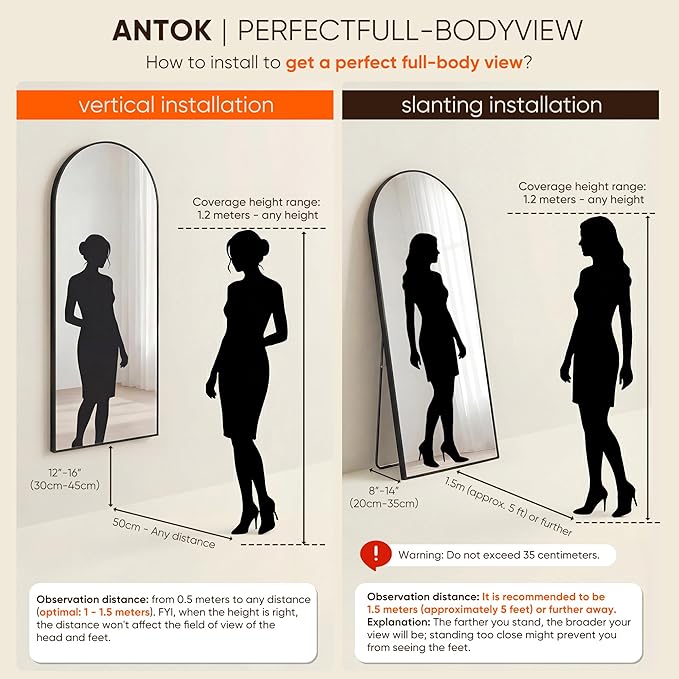 Antok Full Length Mirror, 58"x21" Floor Mirror, Arched Floor Standing Freestanding Arch Full Body Mirrors with Stand for Bedroom, Hanging Mounted for Living Room Cloakroom,Black