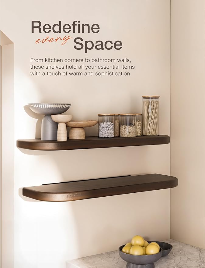 BATODA Set of 2 24” Acacia Floating Shelves for Wall (Round Edge) - Floating Bookshelf Wall - Storage Wood Shelves for House Decor, Kitchen, Bathroom - Brackets and Hardware Included (Walnut Color)