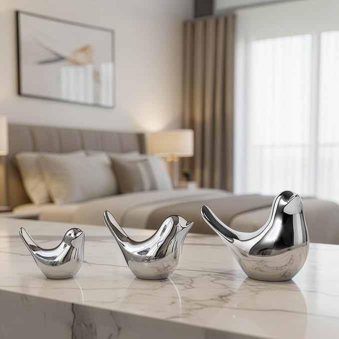 Silver Bird Statue Set – Small, Medium, Large, Modern Tabletop Sculptures for Living Room, Mantel, Shelf, Console Table, Entryway, Fireplace, Bedroom, Contemporary Silver Home Decorations