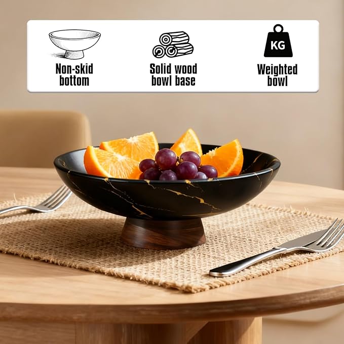 Black Marble Decorative Bowl with Wood Base – 11" Modern Pedestal Fruit Bowl for Dining Table, Kitchen or Entryway Décor