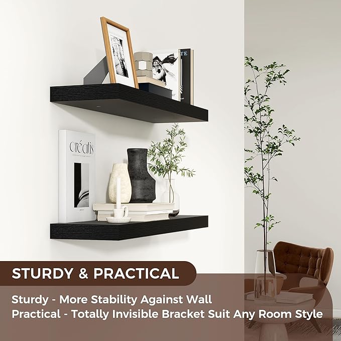 Floating Shelves for Wall 24"W x 6.7"D x 1.37"H, Engineered Wood Wall Shelves with Invisible Brackets for Living Room Bedroom Bathroom Office Kitchen Decor and Storage, Black Finish, Set of 2