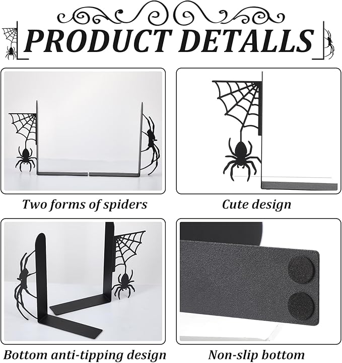 Geelin Creepy Spider Metal Bookends Set of 2 Styles Gothic Black Spider and Web Book Ends for Shelves Scary Home Office Desk Bookshelf Decor Gift for Book Lovers Reading Enthusiasts