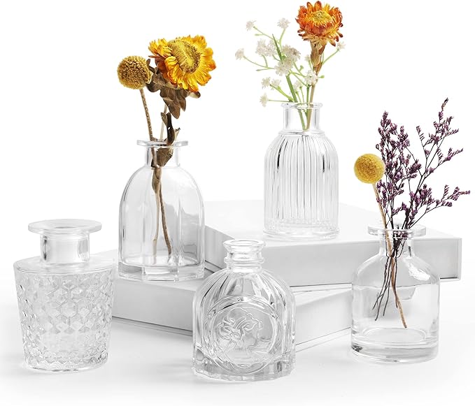 Bud Vases in Bulk Small Glass Vase Tiny Set of 5 EylKoi Different Shape Vintage White Crystalline Material Mini Clear Small for Flowers Cute Different Shape for Centerpiece Wedding Table Home